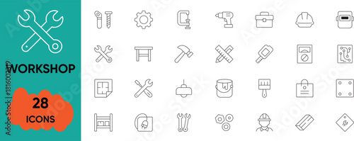 Workshop Line Icon Set – Audience, Brainstorm, Collaboration, Classroom, Discussion, Teamwork, Training & Skill Outline Vectors.