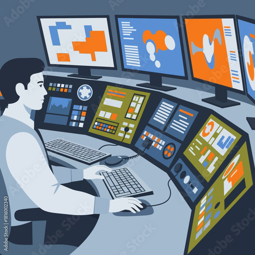 A professional data analyst working in a modern control room, monitoring complex information on multiple computer screens.