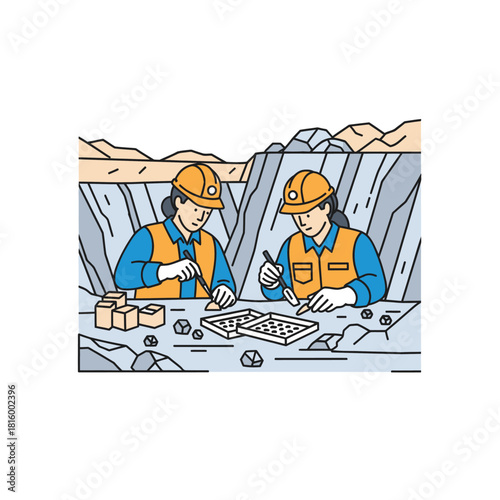 Two women mining and sorting minerals in a quarry.