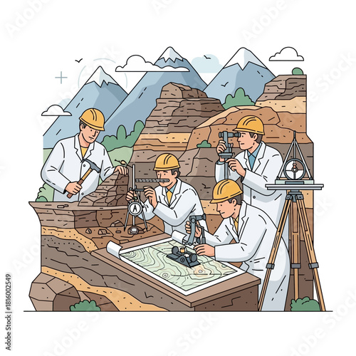Geologists and scientists conducting fieldwork, examining rock formations, using surveying equipment, and studying geological maps in a mountainous outdoor environment.