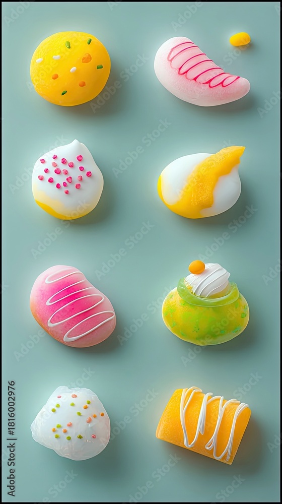 Obraz premium A collection of eight individually decorated sweets, including round, oval, and rectangular shapes, with various colorful toppings and icing.