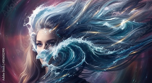 Fototapeta Naklejka Na Ścianę i Meble -  Mystical portrait of a woman whose hair transforms into a dynamic, splashing ocean wave against a cosmic background