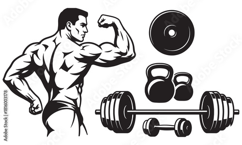 Muscular Bodybuilder Flexing Bicep and Back Vector Set