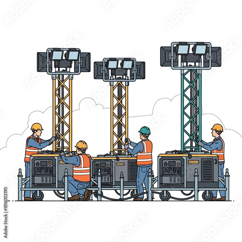 Vector illustration of industrial workers in safety gear assembling and maintaining portable generator light towers.