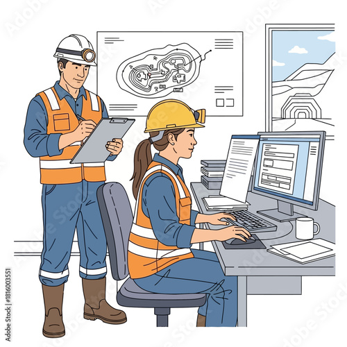 Two mining engineers working in an office, one taking notes and the other using a computer.