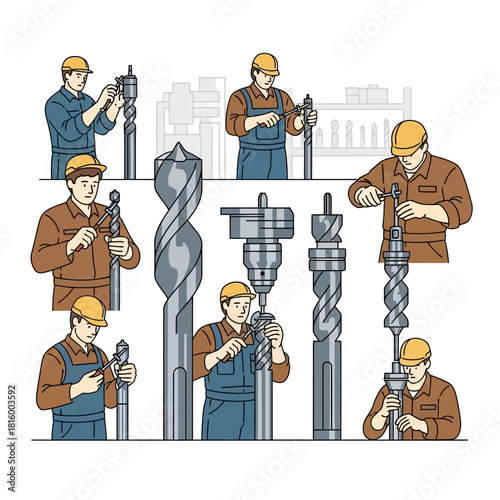 Illustration of workers inspecting drill bits in a factory setting.