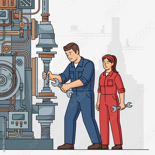 Two mechanics working on a large industrial machine with wrenches, in a factory setting.