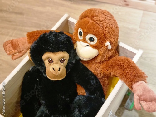 Two adorable plush monkey toys, one brown and one black, sitting together inside a wooden box