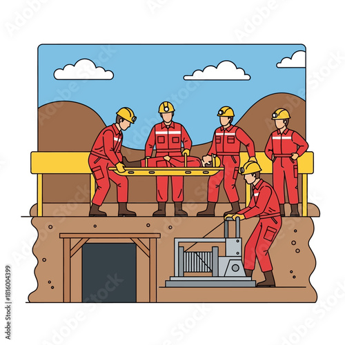 Miners in red uniforms rescue an injured colleague from a mine shaft, using a stretcher and hoist.