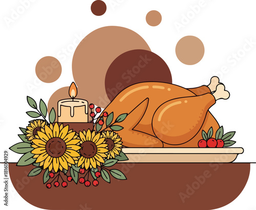 A flat lay illustration of a roasted turkey on a wooden platter with sunflowers, a candle, and holly against a white background, conveying a warm and festive thanksgiving mood.