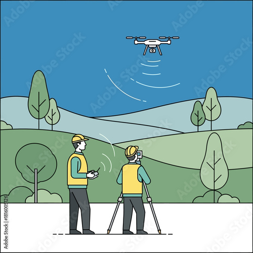 Two surveyors in safety vests using a drone and a theodolite for aerial land mapping and data collection.