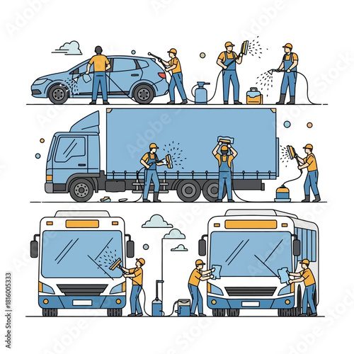 Illustration of people washing various vehicles including cars, trucks, and buses at a professional cleaning service.