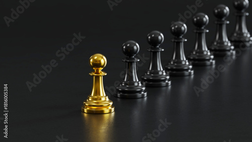 Golden Chess Pawn Standing Uniquely with Courage Apart from Black Pawns on dark Background