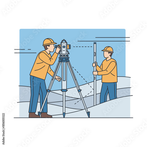 Surveyors at work with theodolite and leveling rod in a construction site.