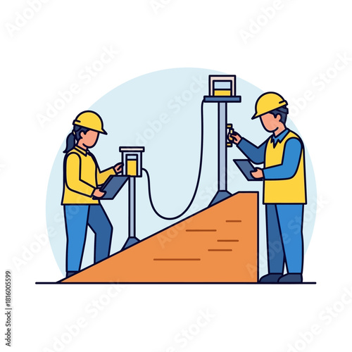 Illustration of two construction workers testing soil with equipment.