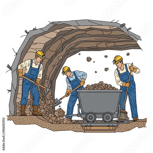 Miners working inside a dark tunnel, extracting rocks and loading them into a cart.