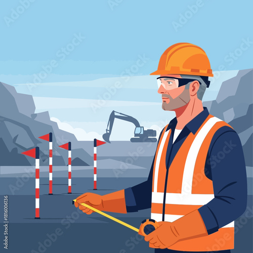 Construction worker in safety gear measuring distance with tape measure, surveying the site.