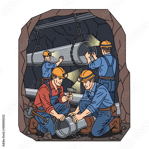 Miners or workers installing large pipes in a dark underground tunnel with headlamps and tools.
