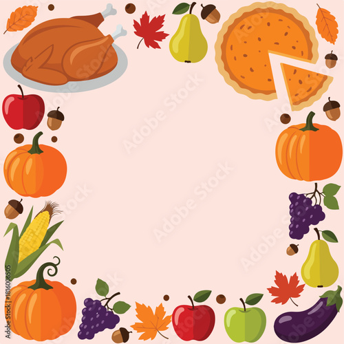 Flat lay composition of various thanksgiving foods and fall elements arranged in a circle on a soft pink background.
