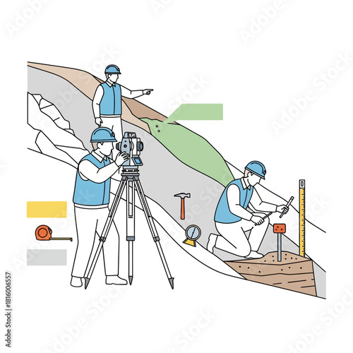 Construction workers performing land surveying and site preparation on a sloped terrain with various tools.