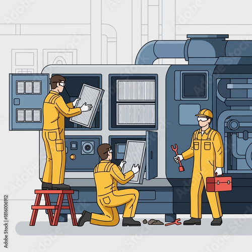 A team of industrial workers in yellow uniforms performing maintenance on a large generator, replacing filters.