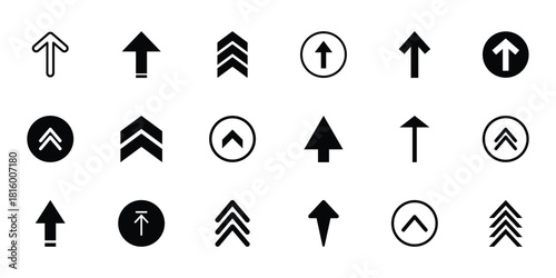 Minimal up arrow set. Bold upward arrow icon representing rise, growth, and upward movement. Ideal for dashboards, analytics visuals, and action buttons. Isolated on white background