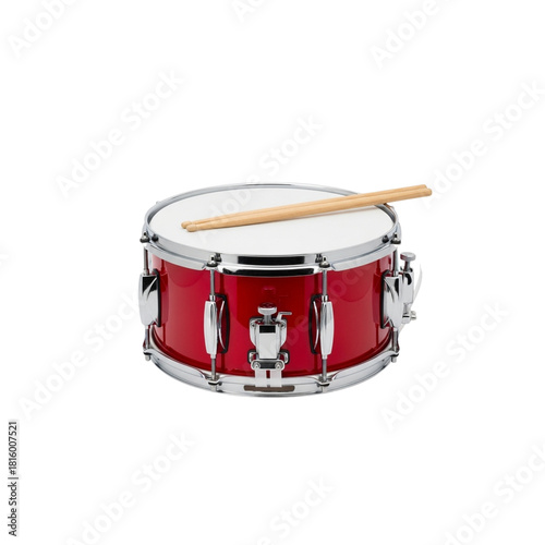 A red snare drum with chrome hardware and a pair of wooden drumsticks resting on the white drumhead on transparent background