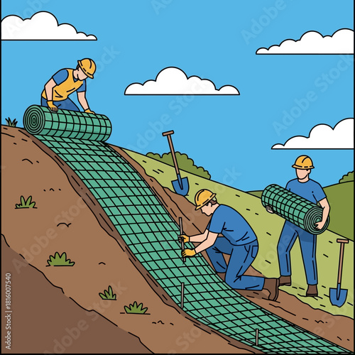 Three construction workers installing a green erosion control blanket on a steep dirt hillside.