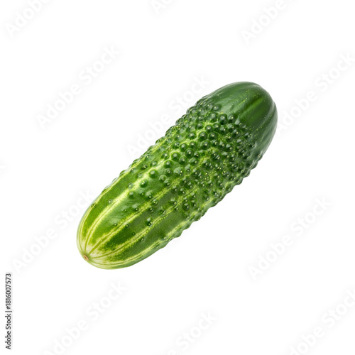 A single isolated cucumber with small bumps and light and dark green stripes on a black background on transparent background