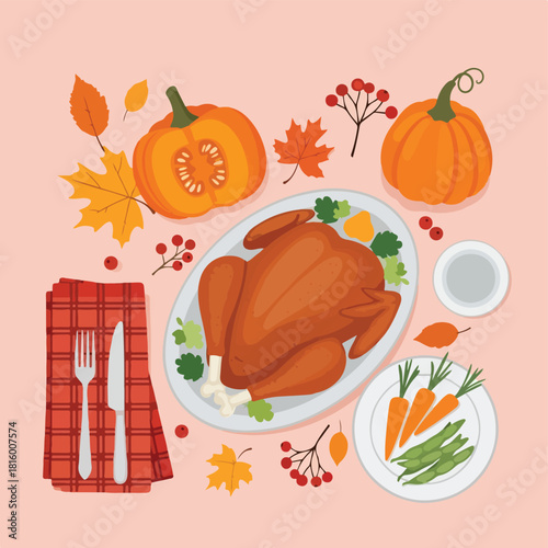 Flat lay of a traditional thanksgiving dinner with roasted turkey, pumpkins, and vegetables on a table with autumnal decorations and cutlery.