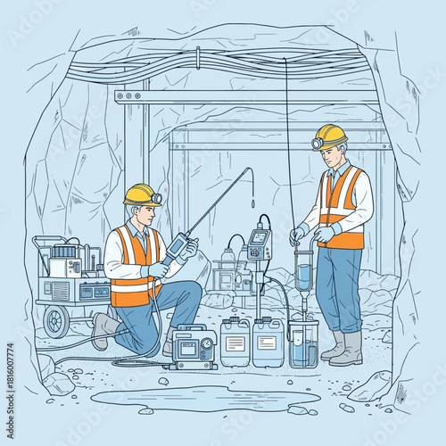 Two environmental scientists in safety gear collecting and analyzing groundwater samples in an underground mine tunnel.