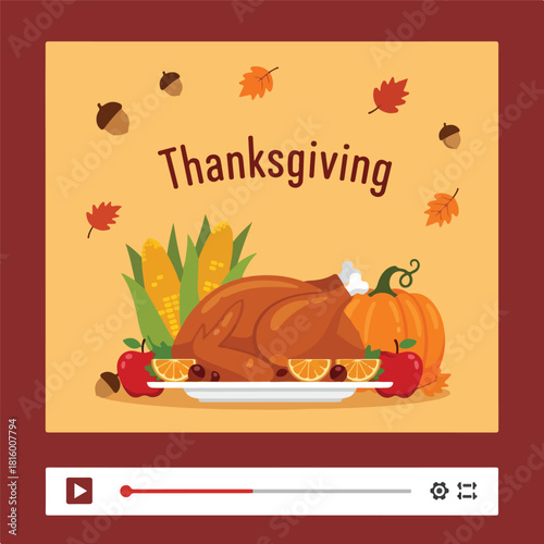Flat lay illustration of a traditional Thanksgiving dinner with roasted turkey, pumpkin, and fall leaves on a warm, autumnal-toned background.
