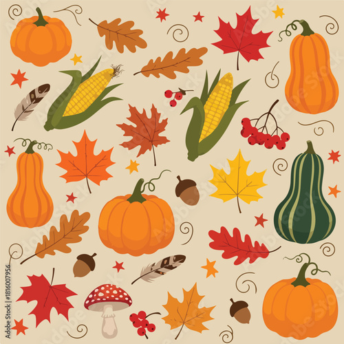 Flat lay composition of various autumnal elements, including pumpkins, corn, squash, leaves, and acorns, arranged on a beige background with a festive thanksgiving theme.