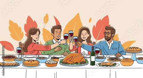 Illustration of a diverse family enjoying a traditional thanksgiving feast with wine and food in a warm autumnal setting.