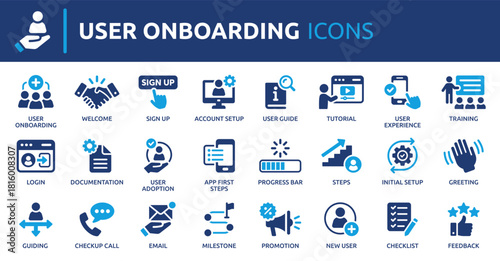 User onboarding solid vector icon collection, welcome, sign up, user guide, tutorial, UX, login and more.