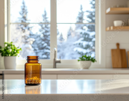 Vitamin supplements. Brown glass bottle with pills sits on kitchen counter, with snowy landscape visible through window, creating serene atmosphere
