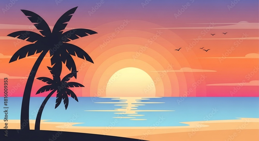Obraz premium Stylized Tropical Sunset with Palm Trees and Radiant Sky Reflection.