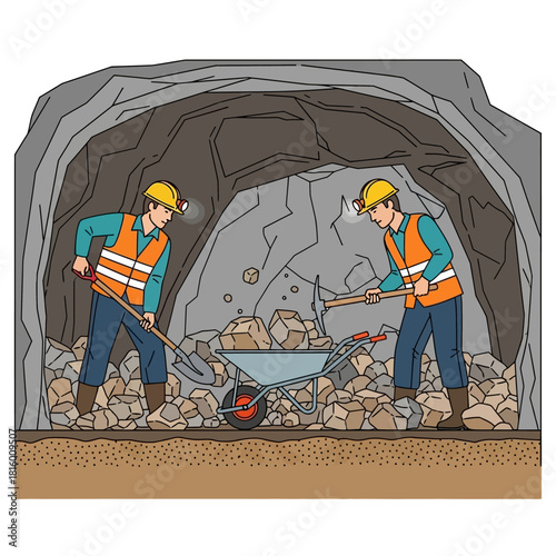 Two miners in safety gear working with a shovel and pickaxe inside a rocky mine tunnel illustration.