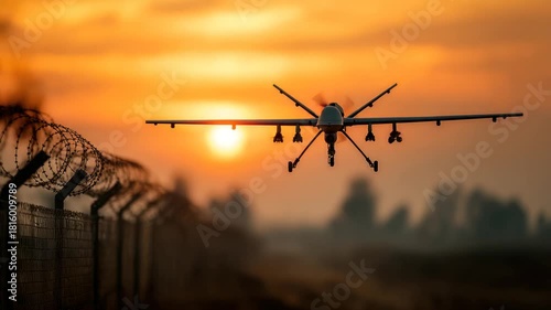 A silhouette drone flies across a vibrant sunset sky near a fence with barbed wire