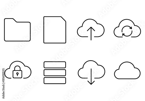 Minimalist cloud and file storage icons set with linear design for digital applications