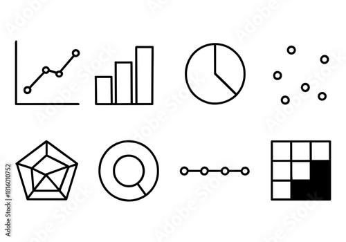 Minimalist data icons set: graphs, charts, and diagrams for analytics and reporting