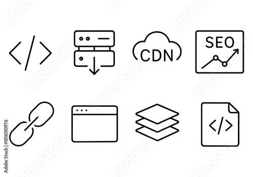 Minimalist technology icons for web development and seo concepts
