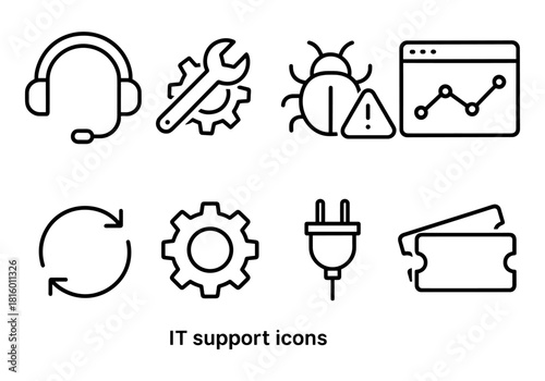 It support icons set: minimalist symbols for technical services and online assistance