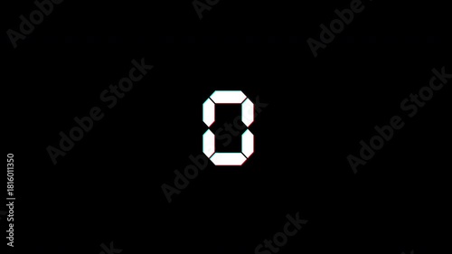 five second countdown timer glitch effect animation, 5 to 0 seconds
