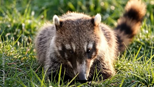 Coati resting in the grass, looking at the camera in natural light