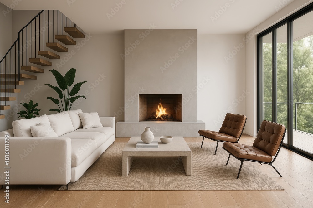 Naklejka premium Modern cozy living room interior with fireplace, minimalist furniture, and natural lighting in neutral tones, featuring indoor plants and staircase design. Ai generative