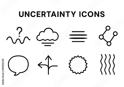 Minimalist uncertainty icons set: linear symbols of ambiguity and confusion