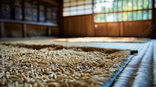 foolishness. Barley grains drying on a mat under soft, natural sunlight. menu design, packaging mockups, designed for culinary blogs and recipe cards for restaurants, used by account managers.