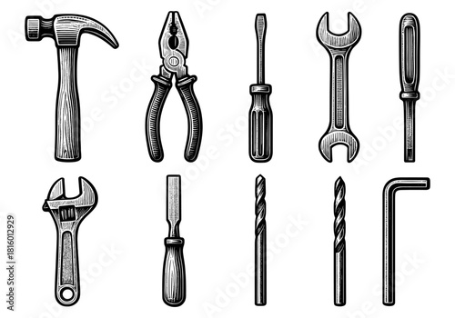 Hand drawn vintage tools collection featuring hammer, screwdriver, and wrench in engraved style