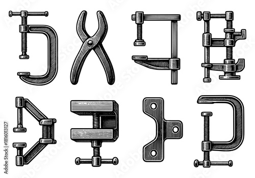 Vintage engraved clamp tools set: classic workshop collection